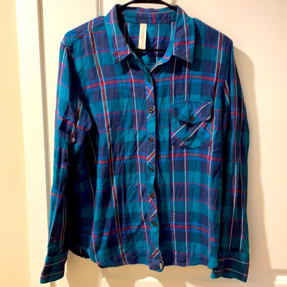 Teal plaid flannel with red, navy, and white